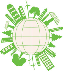 Green silhouette of city buildings, trees, wind turbines and solar battery around circle. Round city or small planet. Urban life in abstract cartoon style.