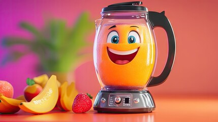 Poster - Happy cartoon blender, joyfully blending fruits for a smoothie, with a wide smile and bright eyes.