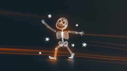 Wall Mural - A fun, glowing skeleton drawn with light, dancing against a dark background with orange and white lights.