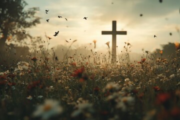 Wall Mural - Cross in the meadow with flowers and birds at sunset, vintage tone.