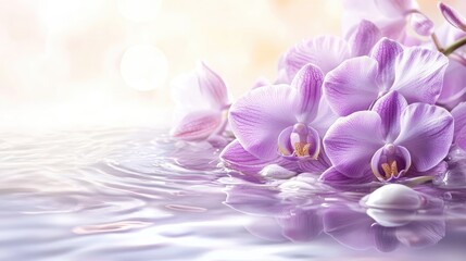 Canvas Print - Orchids in soft purple and white hues rest on water, creating a tranquil scene perfect for a spa-themed banner or relaxation-focused