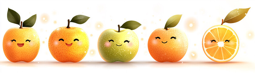 A row of cartoon fruits including apples and oranges. The apples are smiling and the oranges are smiling as well