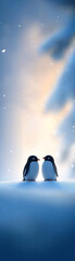 Wall Mural - two penguins standing on a snowy hill. the scene is peaceful and serene. the penguins are facing eac