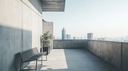 Wall Mural - A sleek, minimalist balcony with smooth concrete walls, modern metal furniture, and simple greenery overlooking a city skyline