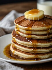 Stack of fluffy pancakes with syrup and butter.