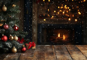 Holiday theme template. Table with christmas tree and fireplace with copy space