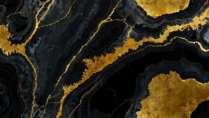 Stone texture of black agate with gold veins.