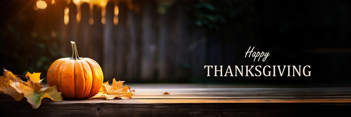 Wall Mural - Text Happy Thanksgiving, pumpkin and autumn leaves on wood, Thanksgiving greetings panoramic web banner