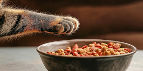 Wall Mural - A close-up of a cat's paw reaching out toward a bowl filled with dry cat food pieces, with neutral tone background.