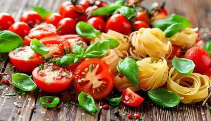 Colorful pasta flat lay with fresh tomatoes, basil, spices, and legumes on rustic wood surface