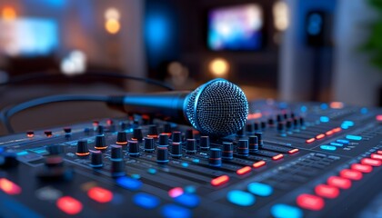 Studio microphone lit with vibrant blue hues, perched on a sound mixing console, surrounded by soft bokeh for a modern audio vibe.