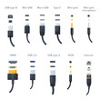 © ssstocker - Plug cable connectors. Computer or phone cables and sockets, hdmi port lightning micro usb wire charge adapter network lan fiber pc laptop connector type, neat vector illustration
