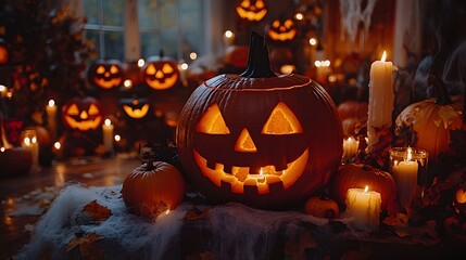 Spooky Halloween Jack-o'-Lanterns and Candles in Haunted Atmosphere