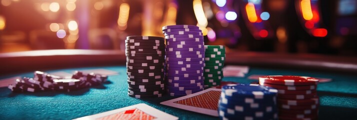 Aufkleber - A vibrant casino table filled with colorful poker chips and playing cards in a lively gambling atmosphere at night. Generative AI