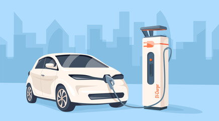 Electric car charger. Ev on charge station parking, hybrid vehicle charging energy fuel future technology eco auto recharge ecology electrical refuel, neat vector illustration