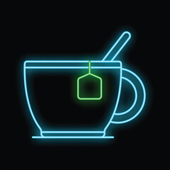 Poster - Neon sign illuminating a cup of tea with a tea bag and spoon, perfect for cafe and restaurant themes