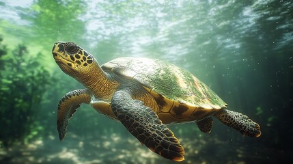 Wall Mural - Sea turtle crawling on sandy beach during daylight near lush green vegetation in a tropical location