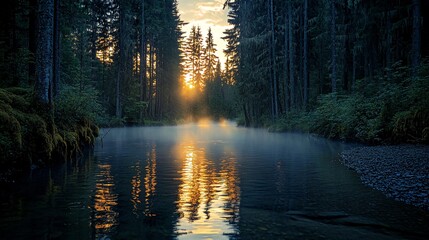 Wall Mural - Misty sunrise over a river in a lush forest.