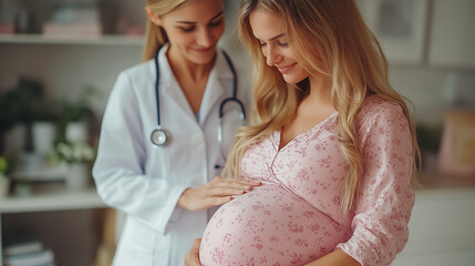 Wall Mural - Pregnant woman with doctor at hospital. Doctor examine pregnant belly. Doctor examine pregnant belly. Maternity prenatal care and woman pregnancy concept.