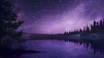 Wall Mural - Dreamy Starry Sky Over a Lake: Illustrate a calm lake reflecting a dazzling starry sky with the Milky Way visible. Include silhouettes of trees along the shoreline for a peaceful, contemplative atmosp
