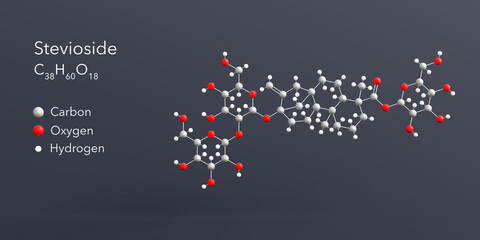 Poster - stevioside molecule 3d rendering, flat molecular structure with chemical formula and atoms color coding