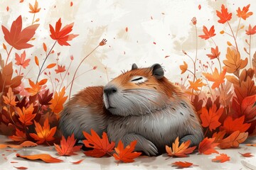 Cute cartoon drawing of a capybara lounging in a pile of leaves, surrounded by colorful autumn foliage, capybara's relaxed posture capybara cartoon, capybaras set, capybara cartoon illustration