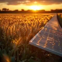 Golden Hour Solar Panels in Wheat Field at Sunset: Sustainable Energy Fusion