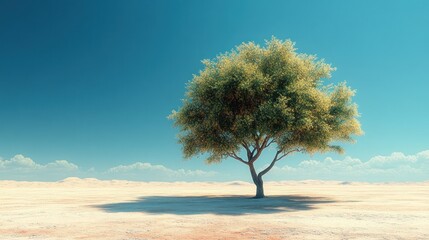 Wall Mural - A solitary tree stands in a vast, tranquil landscape under a blue sky.