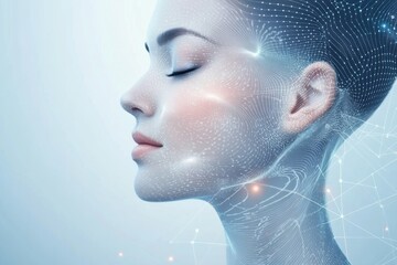 Fototapete - Abstract representation of skincare procedures with lines and dots on a serene face profile in a futuristic setting. Generative AI