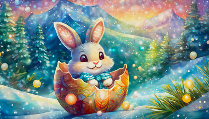 oil painting style cartoon character illustration  Adorable white bunny with ears sticking out from a broken eggshell 