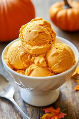 Wall Mural - A bowl of ice cream with a spoon in it. The bowl is white and the ice cream is orange