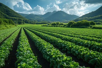 Vibrant Green Vegetable Farm Nestled in Mountainous Landscape Under Bright Blue Sky