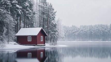 Poster - A tranquil winter landscape featuring a red cabin by a still lake surrounded by evergreen trees in a snowy setting