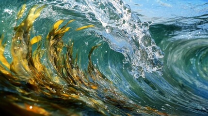 Wall Mural - a close-up of a wave with seaweed floating in the water, the plants adding a natural