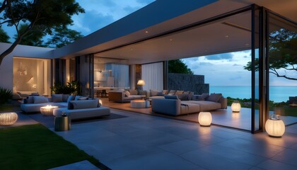 Contemporary cottage terrace showcasing tropical tree and ocean vista under bright daylight