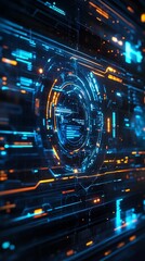 Wall Mural - futuristic digital interface with glowing blue and orange elements, depicting advanced technology an