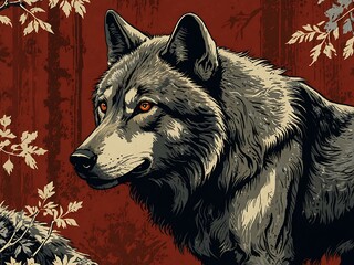 Wall Mural - woodblock print style of a wolf with classic techniques.