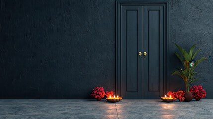 beautifully adorned Indian door with Diwali decorations, surrounded by vibrant flowers and glowing candles, creates warm and inviting atmosphere. rich colors and elegant design evoke sense of