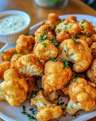 A plate of crispy fried broccoli served with a creamy yogurt dip, offering a delicious and healthy snack or appetizer option