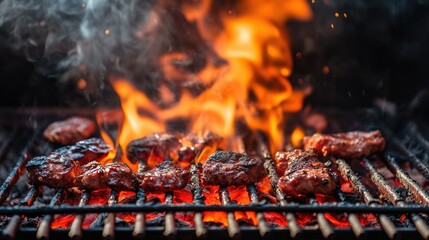 Wall Mural - Red hot coals burning beneath a metal grill, with heat radiating upwards, perfect for a summer barbecue or cookout.