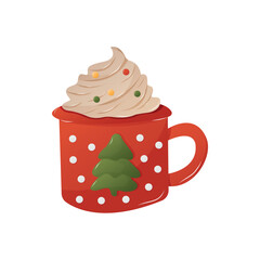 Winter illustration with a red cup of hot cocoa and whipped cream. Xmas, New year, or winter holidays. Isolated illustration for card, postcard, cover. EPS 10