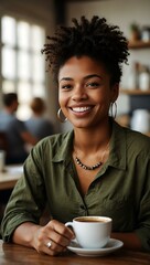 Wall Mural - Young Black woman smiling on her coffee break.