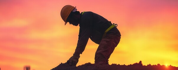 Worker in silhouette pouring concrete at dawn, the construction site in full motion, Worker silhouette, concrete pouring action