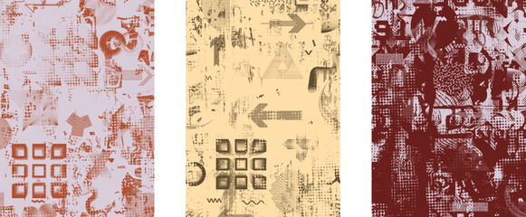 Wall Mural - Set of posters with glitch distorted grunge texture. Poster collection texture with halftone dots, glitched shapes, textures and lines .Screen print vector poster pack with grunge textured surface