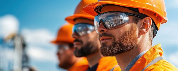 Close-up of construction workers wearing hard hats and safety glasses.