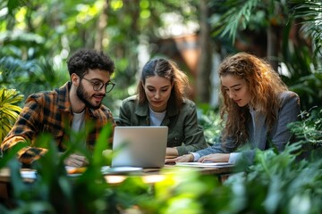 Canvas Print - Young business people outdoors working, brainstorming. Technology concept, Generative AI