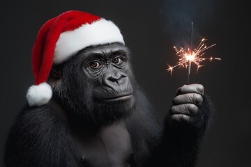 A gorilla wearing a Santa hat holds a burning sparkler, looking at the camera.