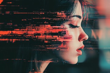 A woman's profile with glitch effect, suggestive of digital world or virtual reality.