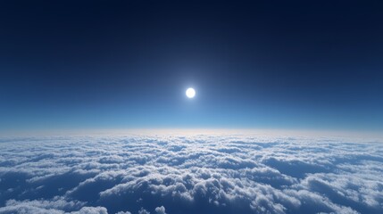 a tranquil skyscape above thin clouds, deep blue sky with a tiny bright sun just above the horizon