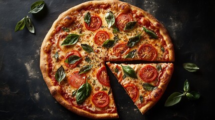 Delicious pizza with tomatoes and basil on a dark background